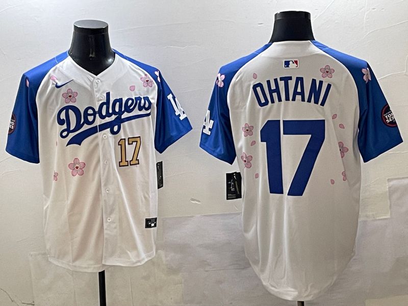 Men Los Angeles Dodgers #17 Ohtani White Blue Sakura Edition 2025 Nike MLB Jersey style 6
